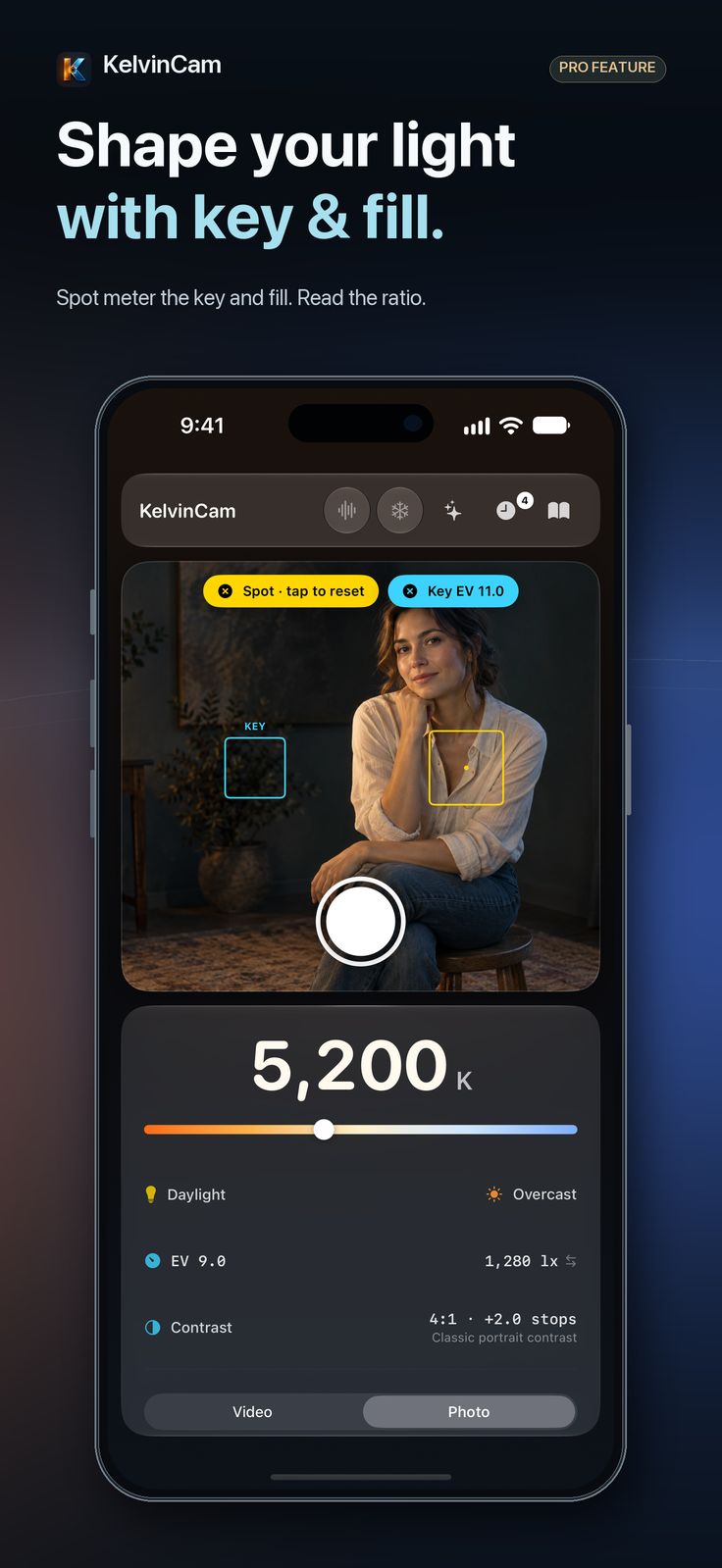 KelvinCam spot metering a key and fill light for a 4:1 contrast ratio
