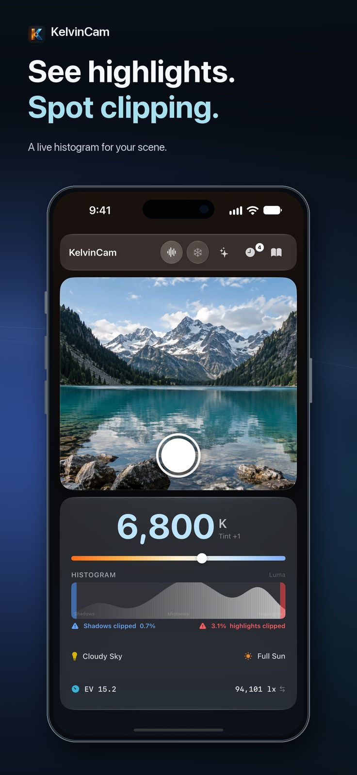 KelvinCam live histogram warning that highlights are clipping