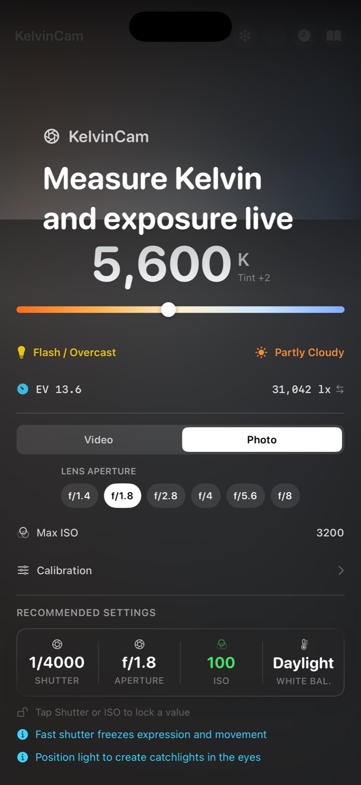 KelvinCam measuring 5,600 K and exposure live