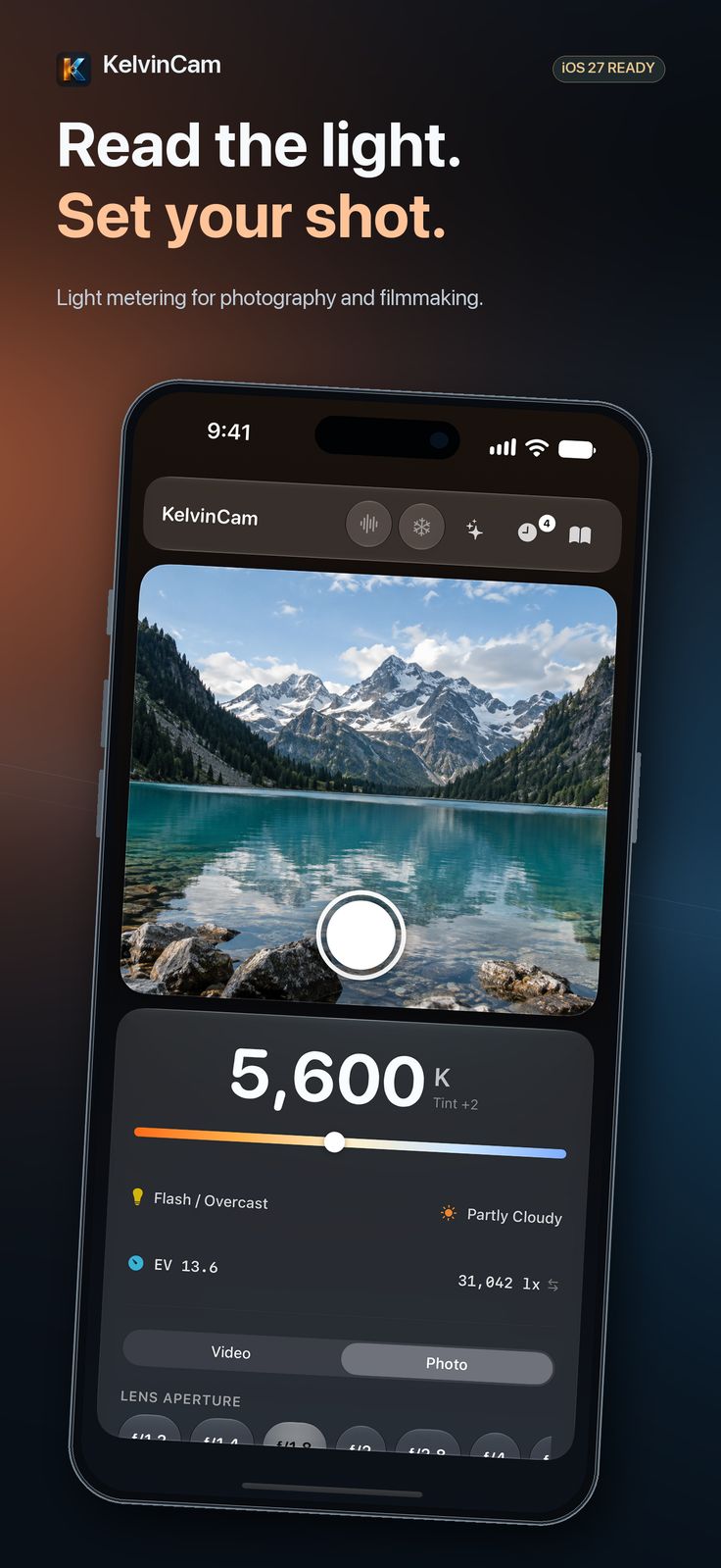 KelvinCam showing 5,600 K, EV 13.6 and 31,042 lux for a sunny mountain lake