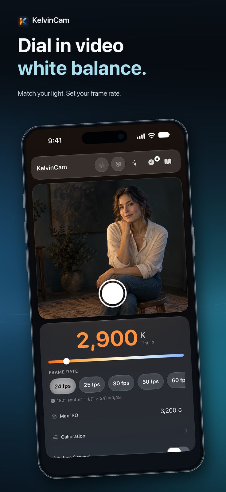 KelvinCam video mode reading 2,900 K with 24 fps selected